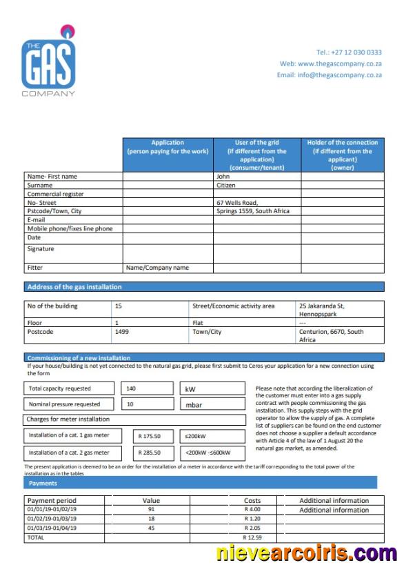 South Africa The GAS Company gas utility bill